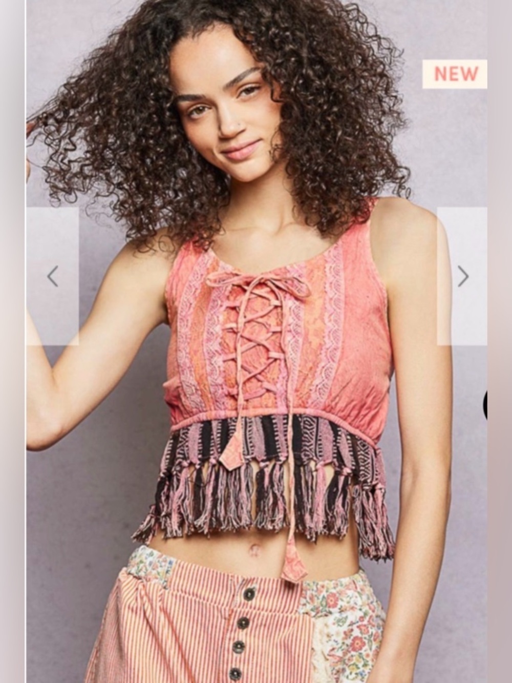 POL Lace-Up Fringe Crop Tank Top in Pink